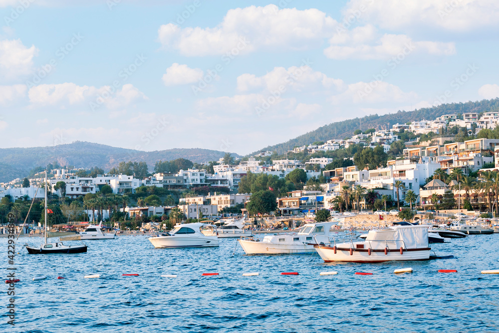 Beautiful landscape with many yachts and hotels of Bodrum, Turkey.