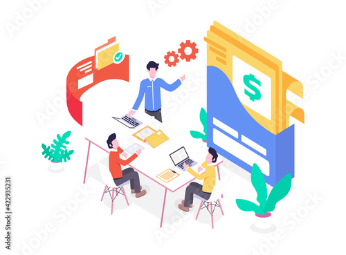 Vector Illustration Employee sit discussion doing Financial Arrangement file setting presentation discussion isometric flat design style