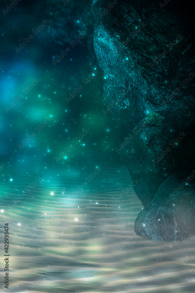 Depth of sea water, the bottom of the sea, the rays of the sun through the water, the underwater world, dark sea the background. Rocks and stones under water. Sea sand. 3d illustration Depth of sea water, the bottom of the sea, the rays of the sun through the water, the underwater world, dark sea the background. Rocks and stones under water. Sea sand. 3d illustration