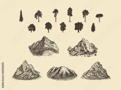 Mounts shapes set with silhouettes of trees.