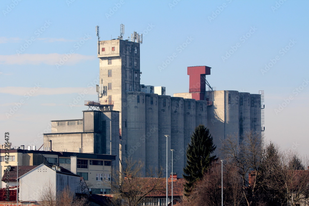Large dilapidated industrial complex concrete storage silos with multiple cell phone antennas and transmitters on top rising high above suburban family houses and trees in old part of town on clear bl