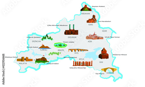 Turkey's historical and touristic places. Eastern Anatolia (doğu anadolu) region. Touristic places. Vector images.