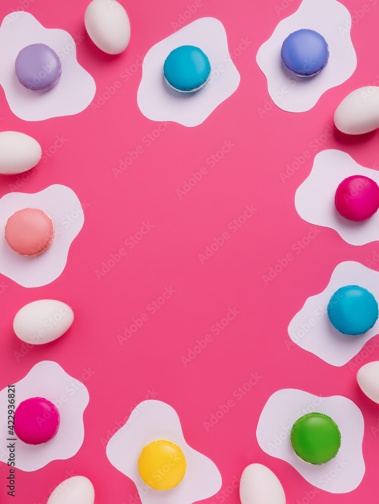 Border frame made with fried eggs on vibrant pink background. Minimal food concept. Flat lay. Border frame made with fried eggs on vibrant pink background. Minimal food concept. Flat lay.