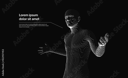 Speaker at business conference and presentation. Gesture oops, sorry or I do not know. The man spreads his hands. Concept of question. Voxel art. 3D vector illustration.