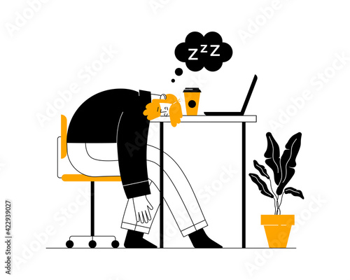 Tired overworked manager sleeping with head down on laptop. Professional burnout syndrome, mental stress, long work day
