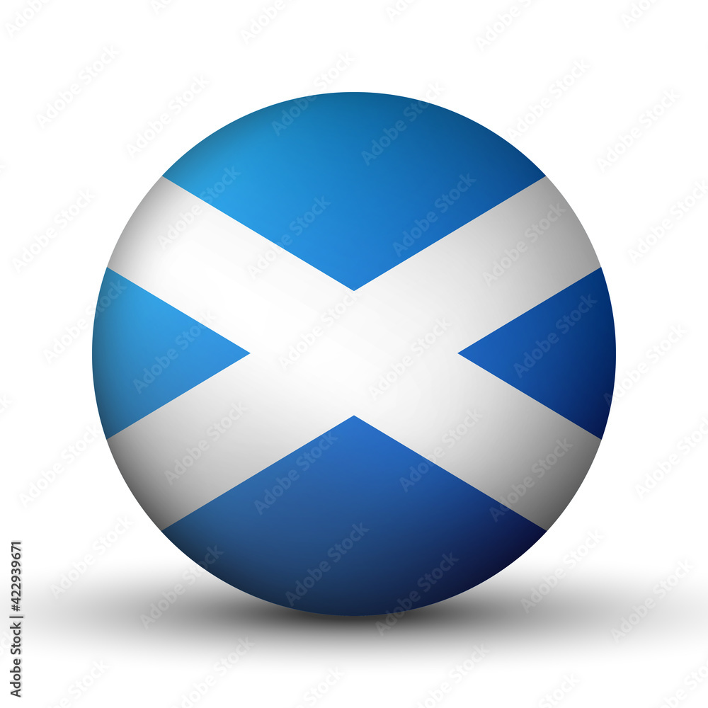 Obraz premium Glass light ball with flag of Scotland. Round sphere, template icon. Scottish national symbol. Glossy realistic ball, 3D abstract vector illustration highlighted on a white background. Big bubble