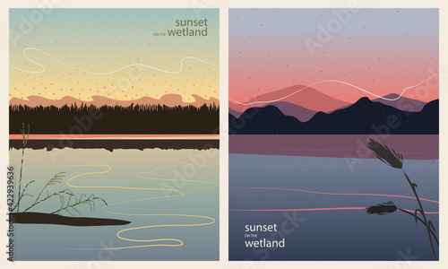 Sunset on Wetland, set of multi colored backgrounds of a lagoon or lake with mountain silhouettes, rushes, grass and water reflections. Flat style with hand drawn lined strokes. Vectored illustration.