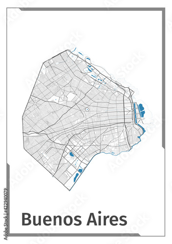 Buenos Aires map poster, administrative area plan view. Black, white and blue detailed design.