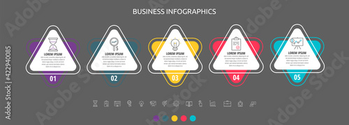 Modern and simple flat vector triangle infographic with 5 steps. Timeline for diagram, chart, web, banner, workflow layout, presentations, info graph, content, levels, chart, processes diagram