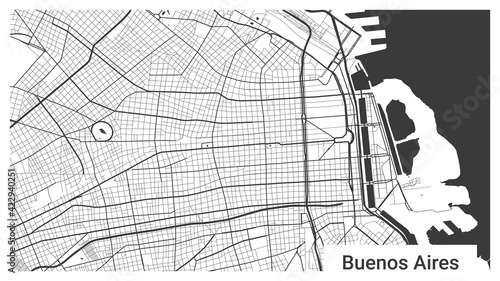 Map of Buenos Aires city, Argentina. Horizontal background map poster black and white, 1920 1080 proportions.