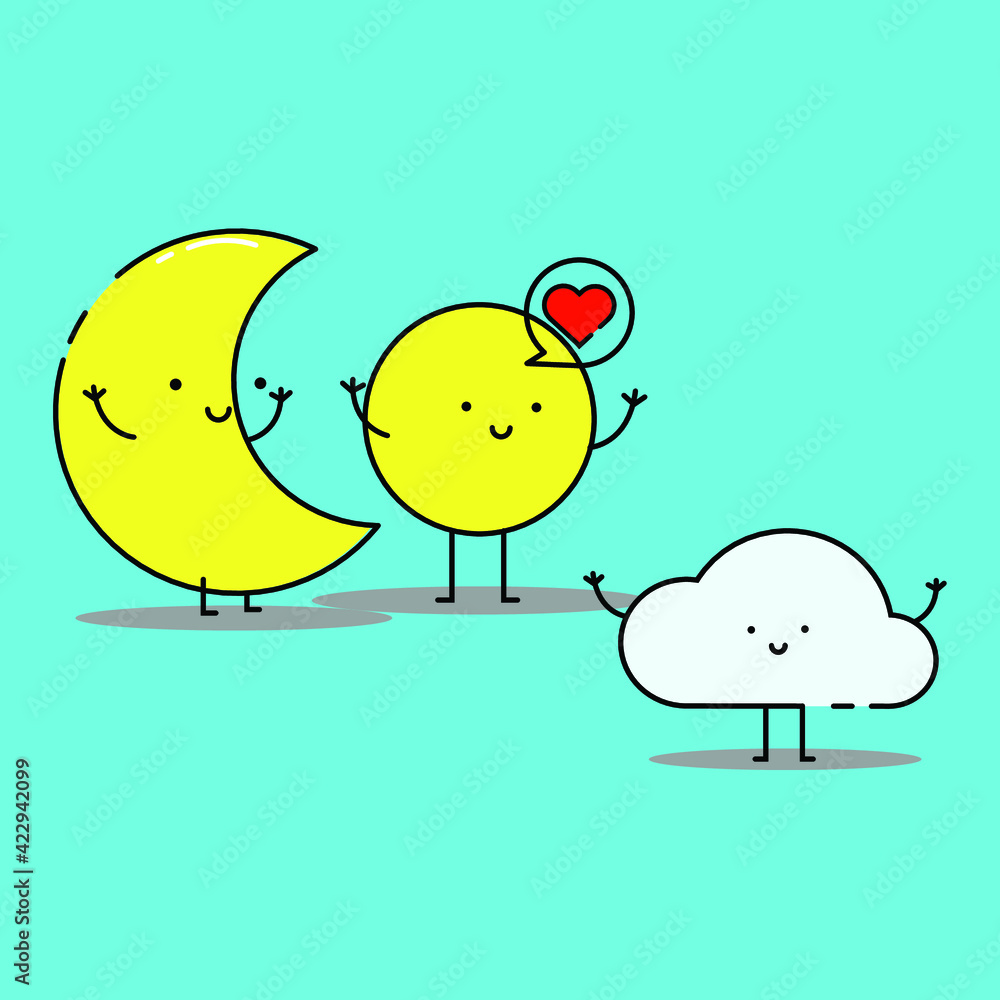 Fototapeta premium Cute sun, moon and cloud with love icon illustration. modern simple vector icon, flat graphic symbol in trendy flat design style.