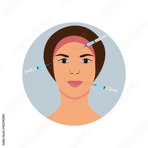Facial injections against wrinkles and aging.Beauty, cosmetology, anti-aging concept. Female rejuvenating mesotherapy.Vector illustration