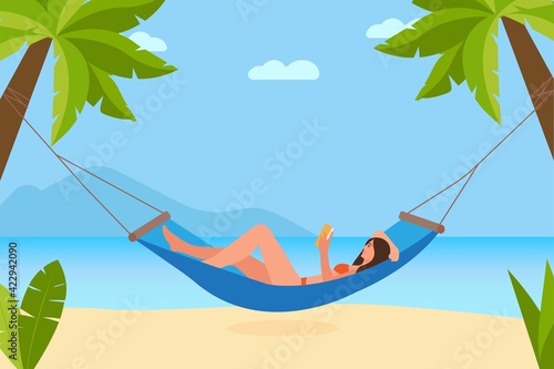 Woman reading book in hammock at seacoast. Relax.Tropical resort on summer vacation. Vacation in warm country. Sea line, sand beach, sun, sky, palms. Vector flat colorful illustration