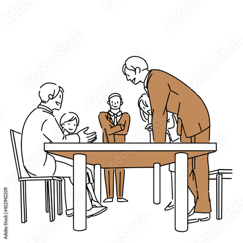 ビジネス　会議　ビジネスマン　チーム　あおり　イラスト