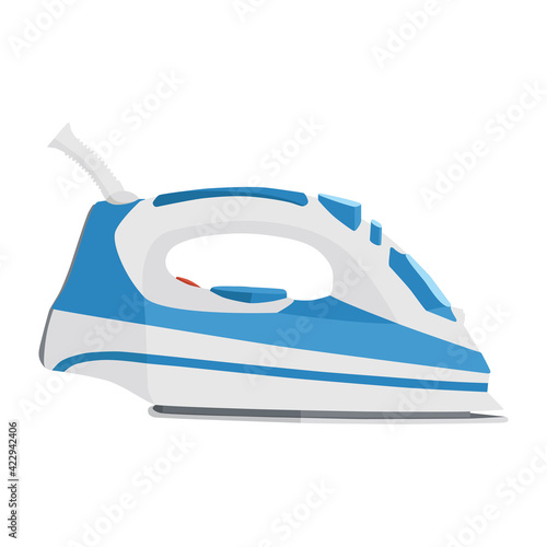 Iron. Electric appliance for ironing and steaming laundry. Blue and white iron of modern design. Vector illustration isolated on a white background for design and web.