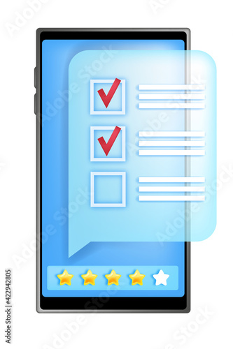 Online mobile survey questionnaire form vector illustration, smartphone screen, star rating, checklist, box. Client feedback, customer satisfaction isolated app concept. Online survey digital design