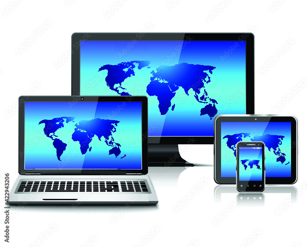 Computer monitor, laptop, tablet pc, and mobile smartphone with world map isolated Computer monitor, laptop, tablet pc, and mobile smartphone with world map isolated