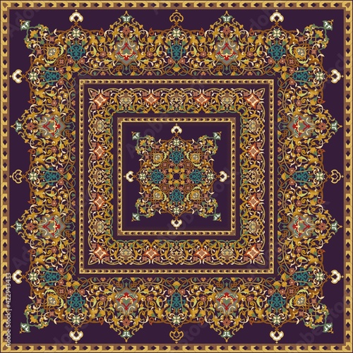Vector ornament silk neck scarf or kerchief square pattern design style mandala for print on fabric.