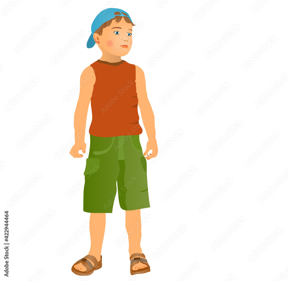 Boy wearing green shorts, red tank top and a blue beret. Vector illustration isolated on white background. Boy wearing green shorts, red tank top and a blue beret. Vector illustration isolated on white background.
