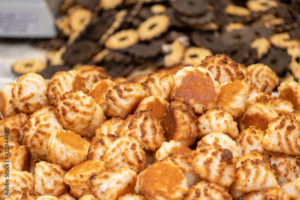 Coconut and peanuts cookies, kosher for Passover, for sale at Mahane Yehuda Market, popular marketplace in Jerusalem Coconut and peanuts cookies, kosher for Passover, for sale at Mahane Yehuda Market, popular marketplace in Jerusalem