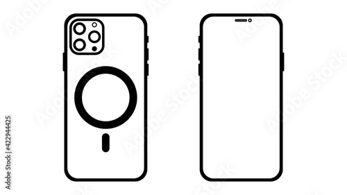 Outline line drawing Front and backside of modern smartphone, Wireless Charge Smart Device icon Isolate on White Background.