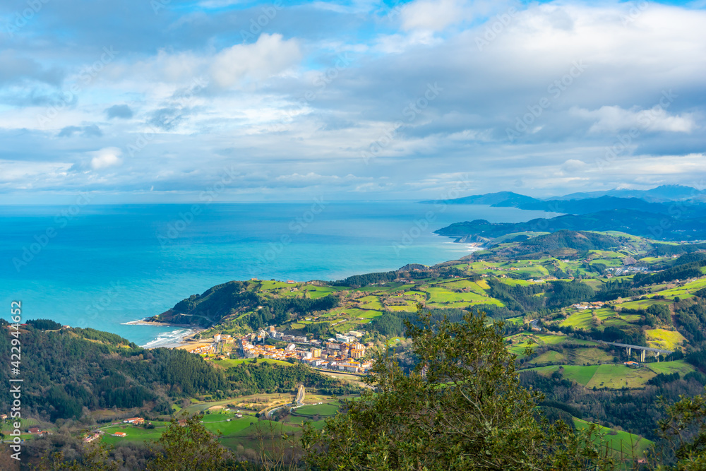 Aerial view of the town and the sea from Mount Arno in the municipality of Mutriku in Gipuzkoa. Basque Country, Spain