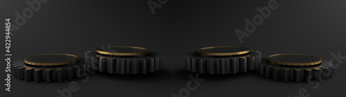 3D rendering. Minimal abstract scene with pedestal is a gears with  a golden border. Podium for display product on the Black floor. Pedestal can be used for advertising  Isolated on black background.