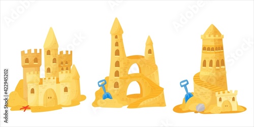 Sand castle on the beach. A set of buildings on the beach, games on the coast. Vector illustration isolated on white background.