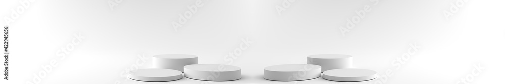 3D rendering of Round white pedestal, Podium for display product on the white floor. Pedestal can be used for commercial advertising, Isolated on white background, Product Presentation, illustration.