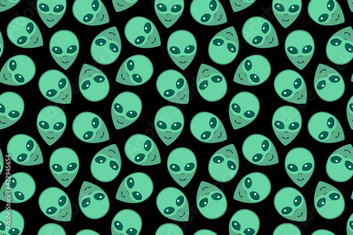 Seamless pattern with Aliens green heads. UFO, Humanoids endless backdrop isolated. Smiling visitors, Martians. Vector illustration, wallpaper on theme of space, conspiracy theory, Sci-fi, fantastic