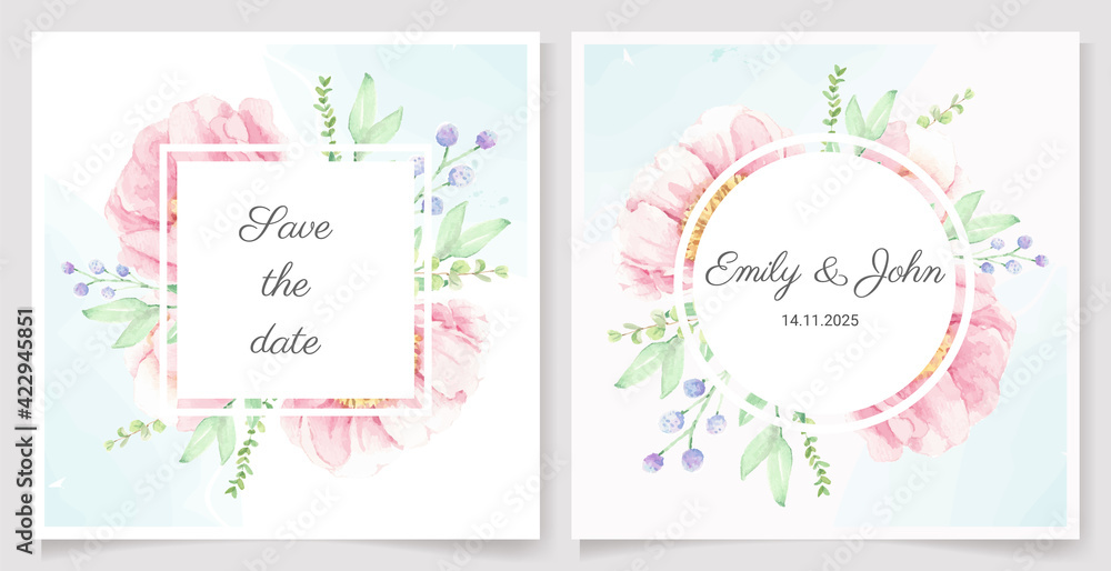 watercolor pink peony flower bouquet wreath frame banner or wedding invitation card template collection