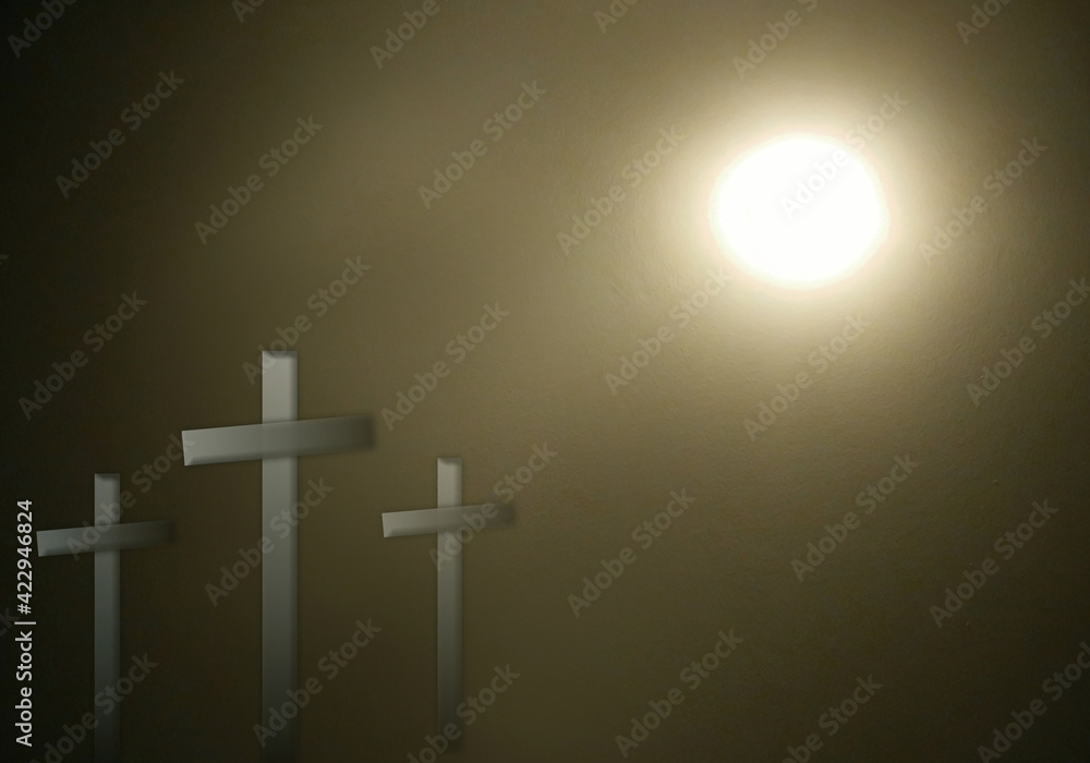 Naklejka premium Three crosses with full moon and darkness background, Easter or Resurrection concept, space for the text, design style.