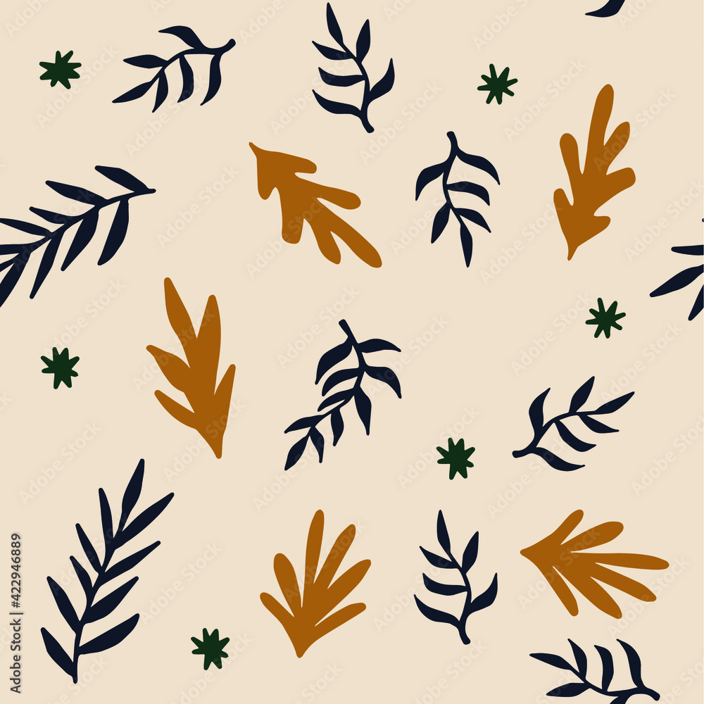 Beautiful Mid- Century Boho style Pattern with Palm Branches. Repeating Vector Design.