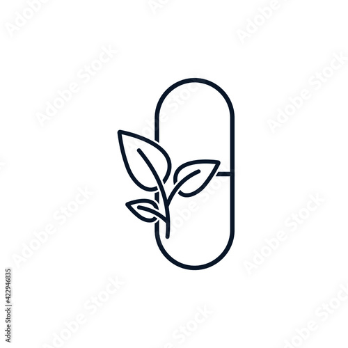 Tablet, leaves. The concept of homeopathy, alternative medicine, organic drugs, bio supplements. Vector icon isolated on white background. 