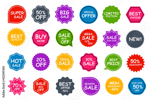 Set of sale stickers with different discounts and offers. Vector shop labels. Black friday badge collection