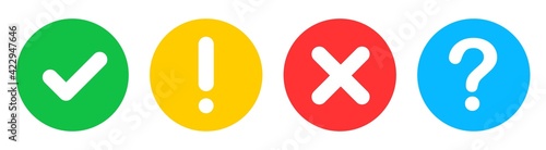 Round icons. Check mark, cross, attention and question. Web vector signs set