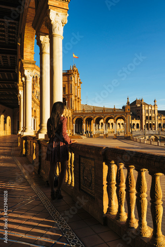 Young and sexy woman tourist in Spain Square of Seville, place of Star Wars photo