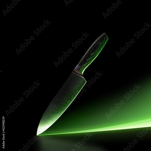 Canvas Print Chef s knife isolated on black studio background with green neon path and copysp