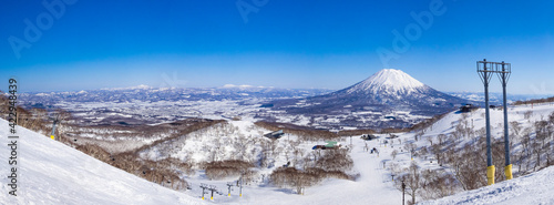 Panorama view of snowy volcano and slopes on a clear day in early spring (Niseko Mt.Resort Grand Hirafu, Hokkaido, Japan)