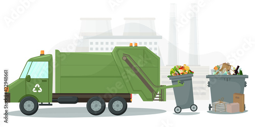 Waste collection and transportation vehicle. Garbage removal. Garbage containers, boxes and bags. Waste recycling and disposal plant. Vector illustration in flat style