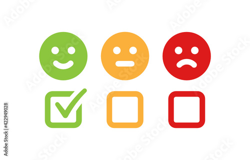 Customer satisfaction concept vector. Ticking smiley emoji sign icon illustration. 