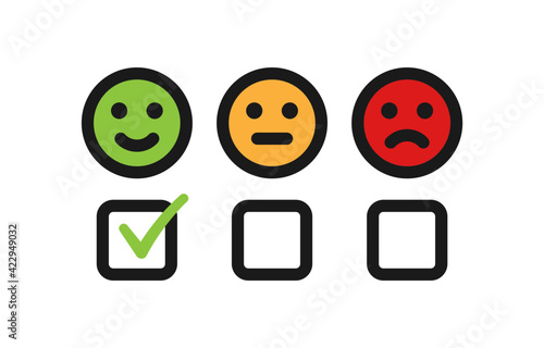 Customer satisfaction concept vector. Ticking smiley emoji sign icon illustration. 