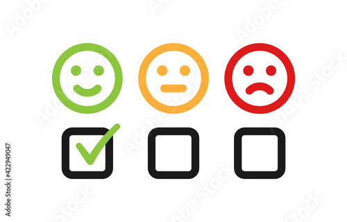 Customer satisfaction concept vector. Ticking smiley emoji sign icon illustration. 