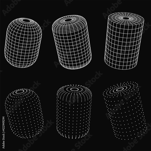 Set cylinders of dots and grid isolated on black color. Technology abstract art background. Collection of minimalistic geometric design sci-fi elements. Vector futuristic digital concept.