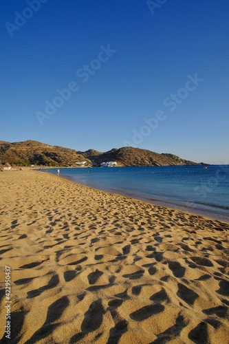 Panoramic view of the famous sandy beach of Mylopotas in Ios cyclades Greece