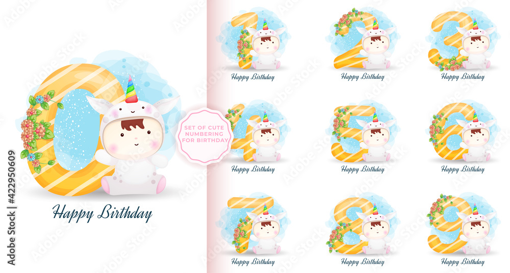 Set of cute numbering with baby in unicorn costume for birthday Premium Vector