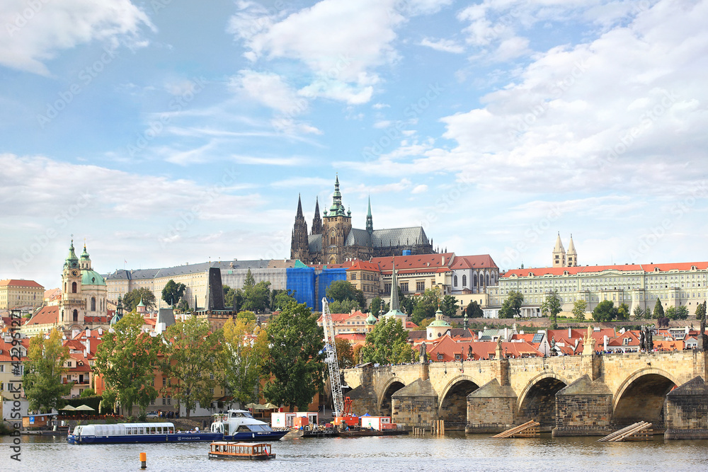 City of Prague. View of the Vltava River, Charles Bridge and Prague Castle.