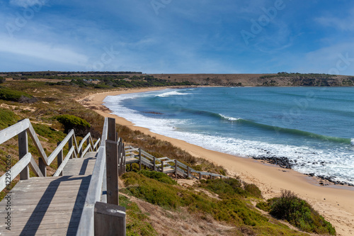 Wooden stairs leading to a beach on Phillip Island  Victoria Australia