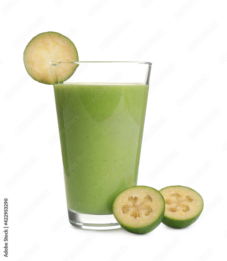 Fresh feijoa smoothie in glass and fresh fruits on white background Fresh feijoa smoothie in glass and fresh fruits on white background