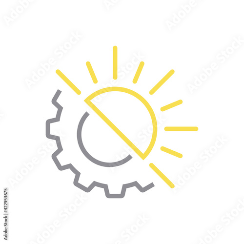 Energía solar. Logotipo con engranaje y sol con lineas en color gris y amarillo